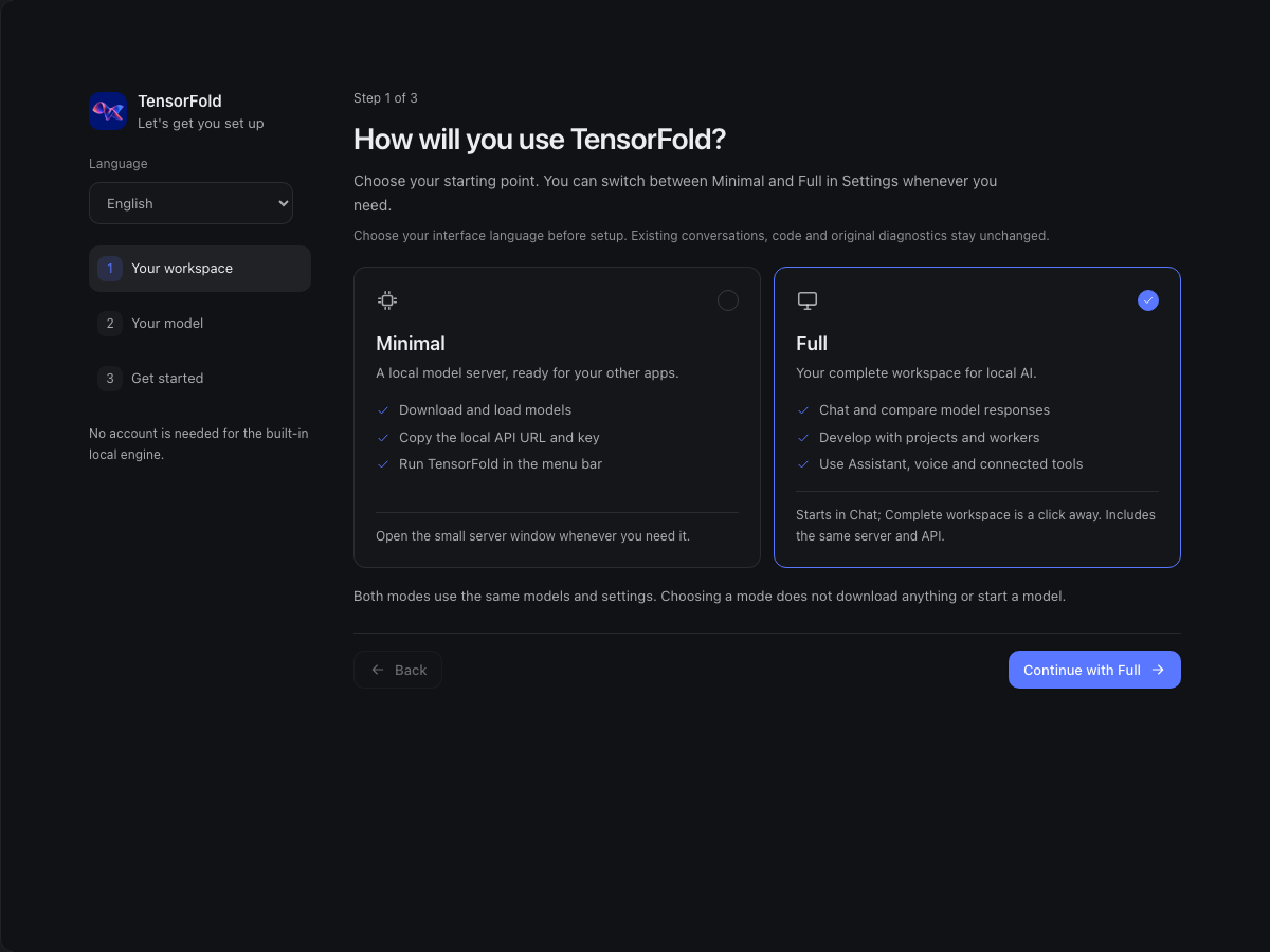 Choose your starting mode in the TensorFold beta 8 app, using example data.