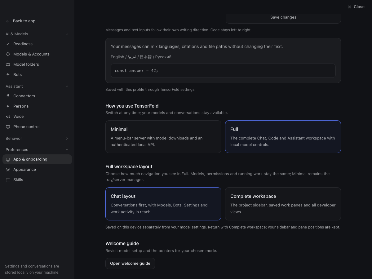 Switch modes and choose your Full layout in the TensorFold beta 8 app, using example data.