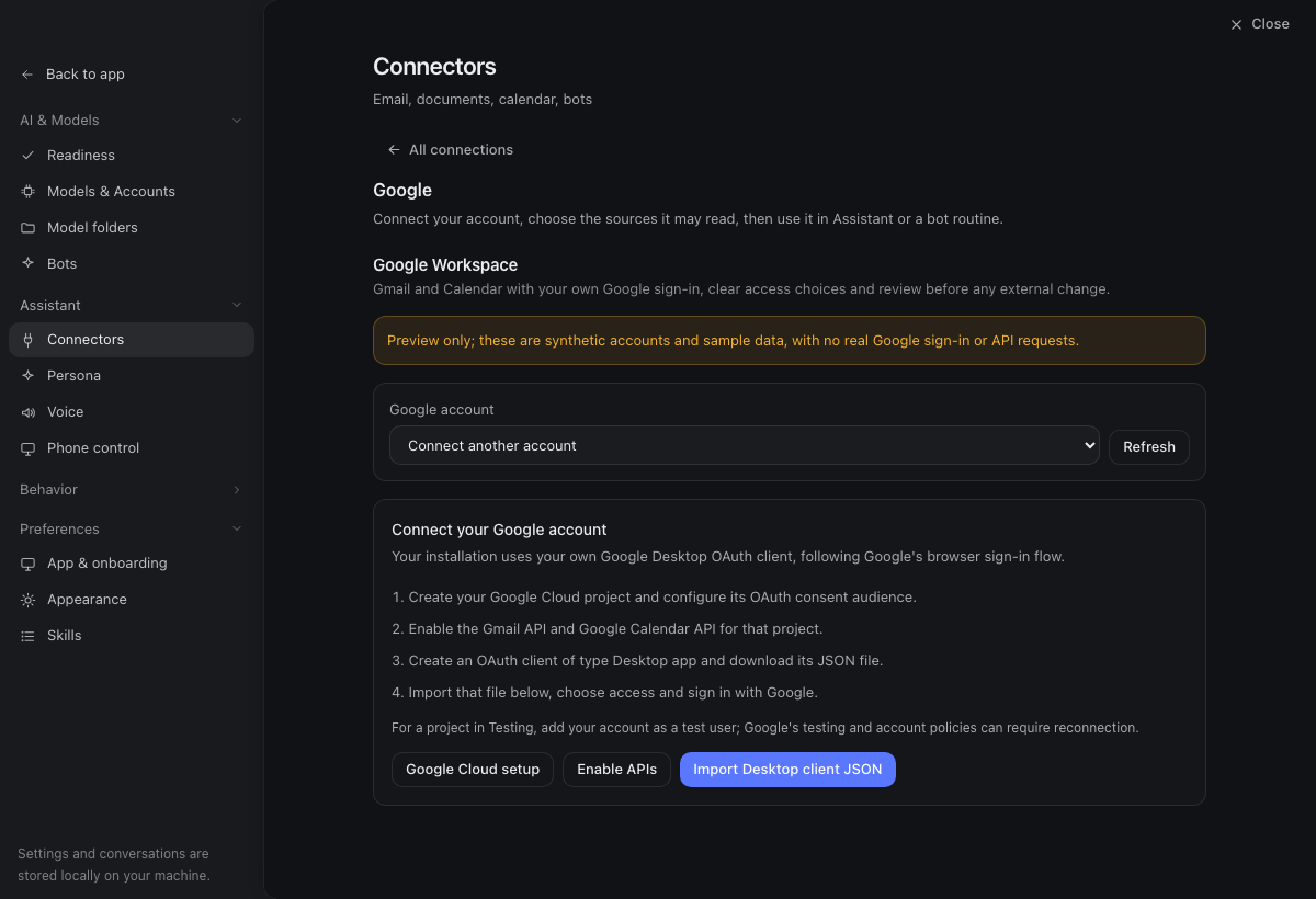 Import your Google Desktop OAuth client in the TensorFold beta 8 app, using example data.