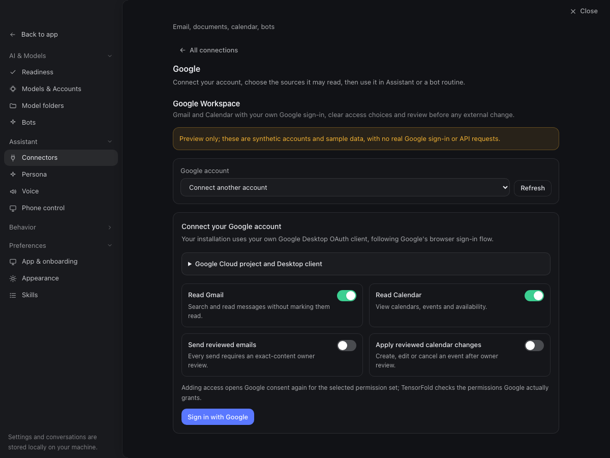 Choose Google permissions and sign in in the TensorFold beta 8 app, using example data.