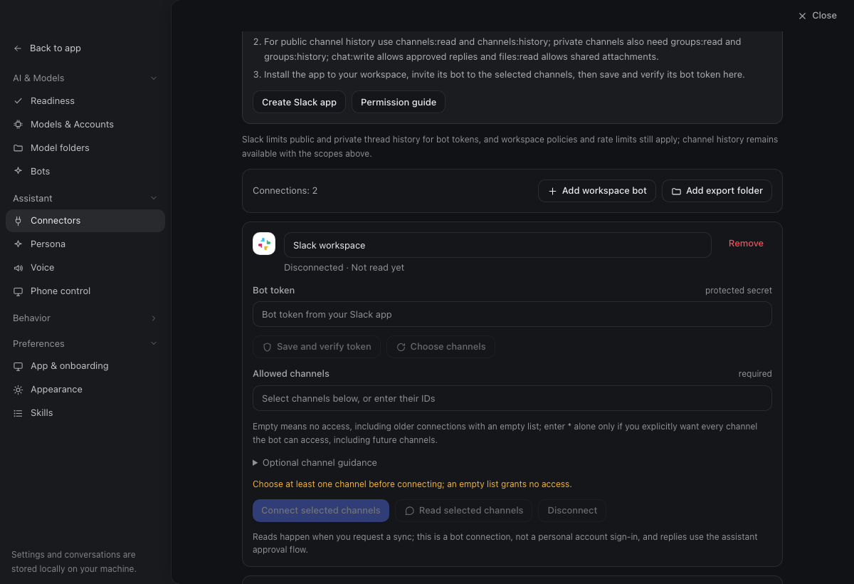 Verify the Slack bot and choose channels in the TensorFold beta 8 app, using example data.
