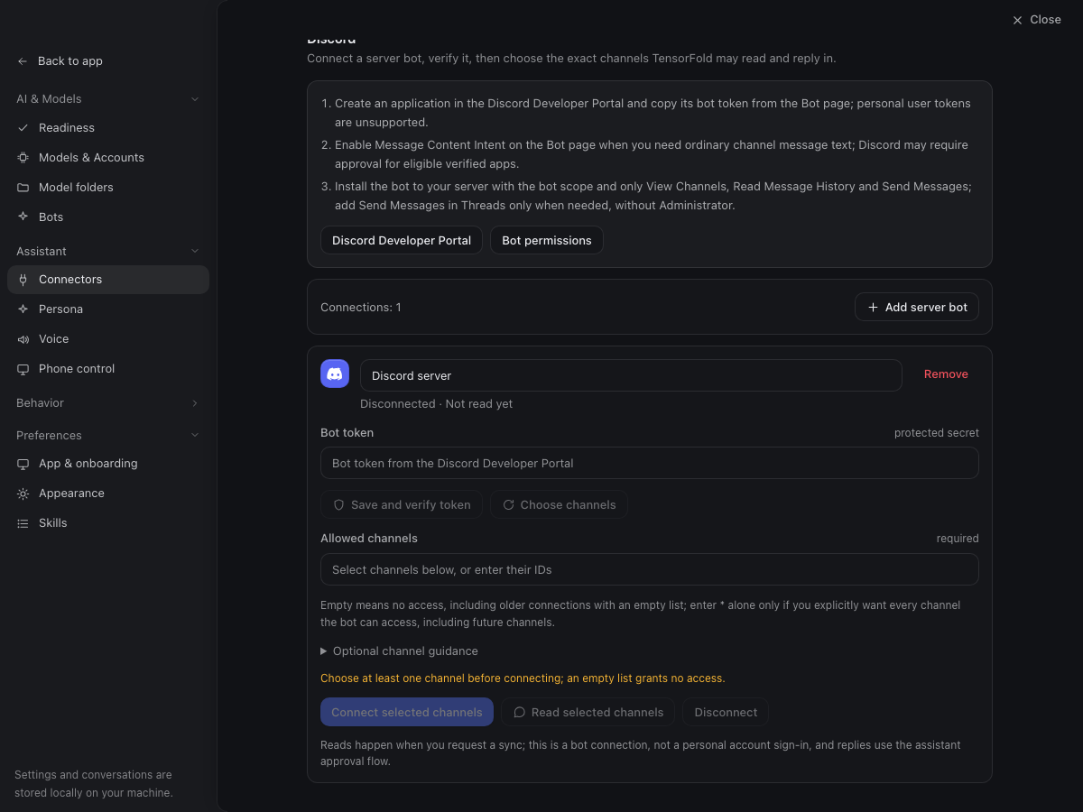 Verify the Discord bot and choose channels in the TensorFold beta 8 app, using example data.