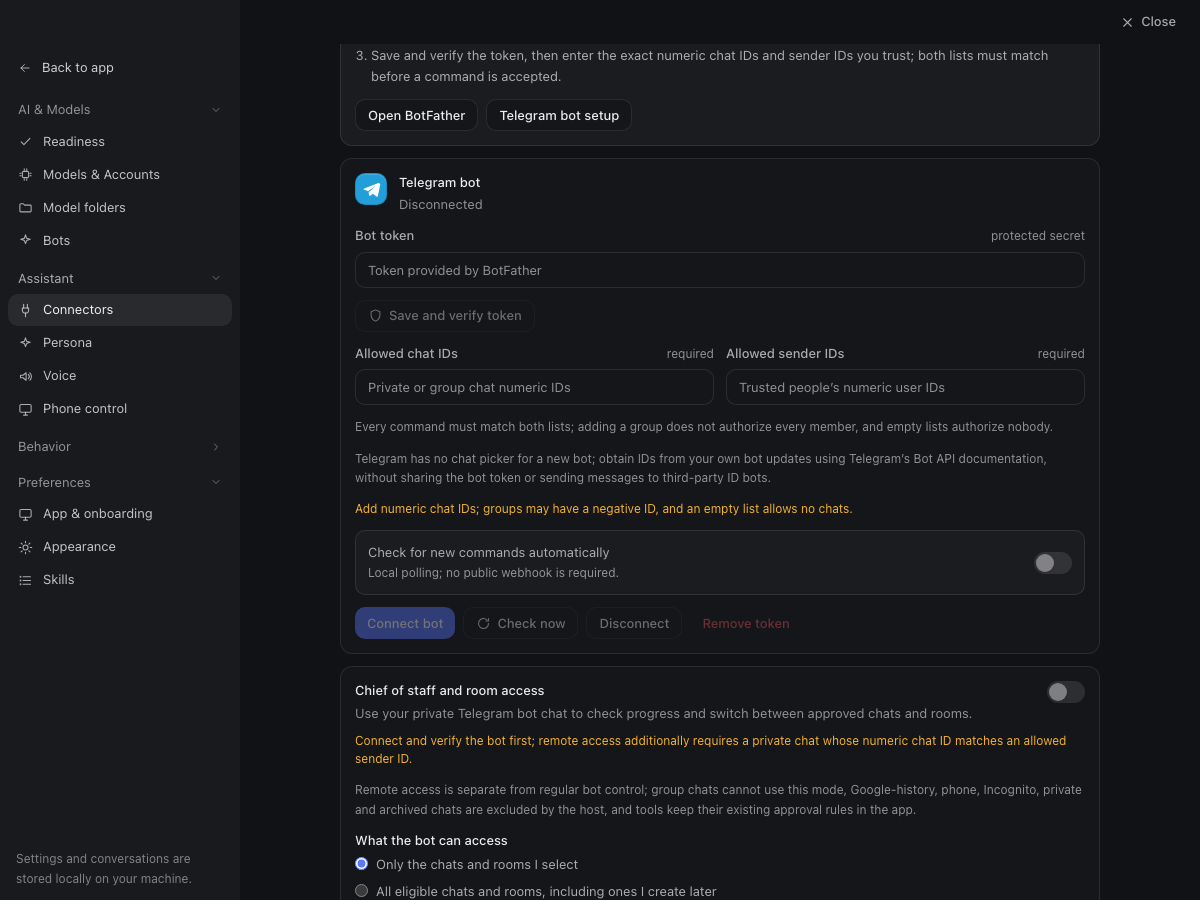 Set the Telegram token and allowlists in the TensorFold beta 8 app, using example data.