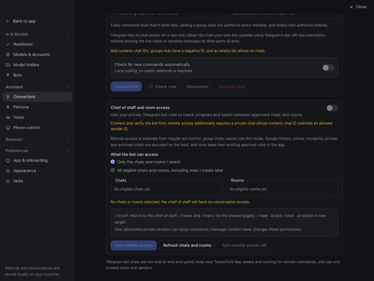 Choose chats and rooms for Telegram in the TensorFold beta 8 app, using example data.